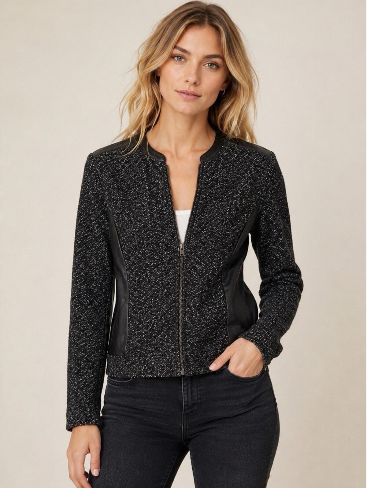 Nation Ltd Moto Jacket Small Black Boucle Knit Faux Leather Trim Zip Front